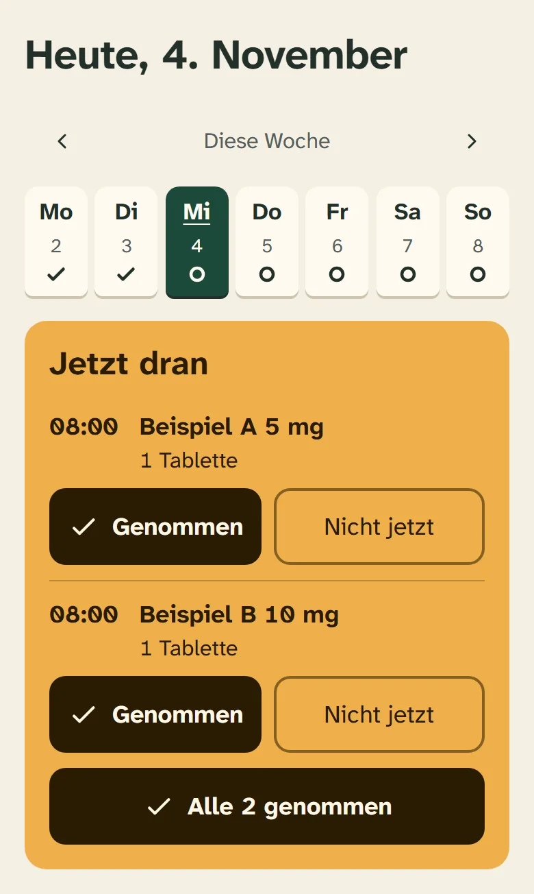 Tagesansicht der App: Wochenleiste von Montag bis Sonntag, darunter die Fläche „Jetzt dran“ mit zwei Einnahmen um 8 Uhr und den Knöpfen Genommen und Nicht jetzt.
